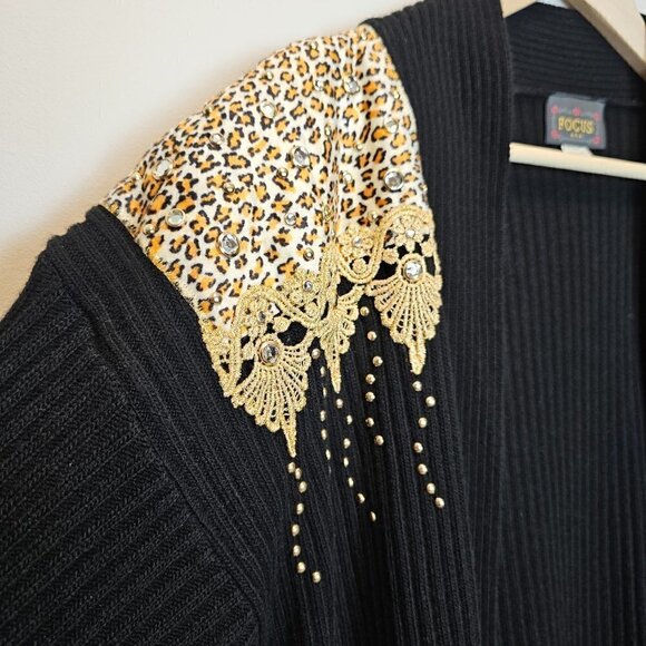 Focus Vintage Gold Studded Gothic Leopard Black Cardigan Sweater Large‎ - Picture 2 of 10